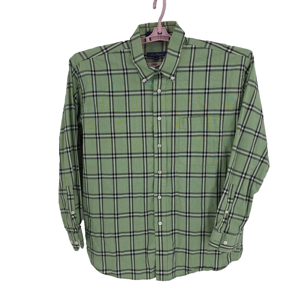Alan Flusser Green Black and White Check LS Men's Shirt 100% Cotton‎ Size